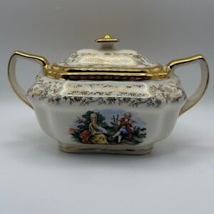 Atlas China Vintage Sugar Bowl Fragonard Courting Couple 22K Gold Filigree White